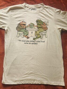 Frog & Toad "We Must Stop Eating" khaki/tan short sleeve graphic t-shirt. Size M